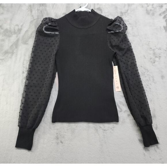 NEW Crave Fame Sweater Womens S Black Mock-Neck Ribbed Sheer Dot-Puff-Sleeve - Picture 1 of 10